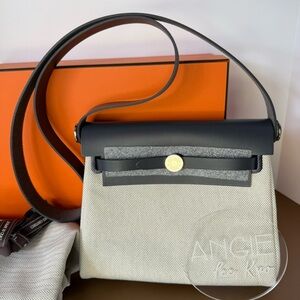HERMES Mini Herbag Zip 20 in Ecru-Bleu Glacier Canvas and Ardoise Cowhide PHW